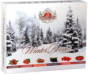 Basilur Winter Berries Assorted - zestaw 6 smaków herbat cejlońskich w kopertach. Ozdobne, białe pudełko z motywem zimowym otwierane jak herbaciarka.