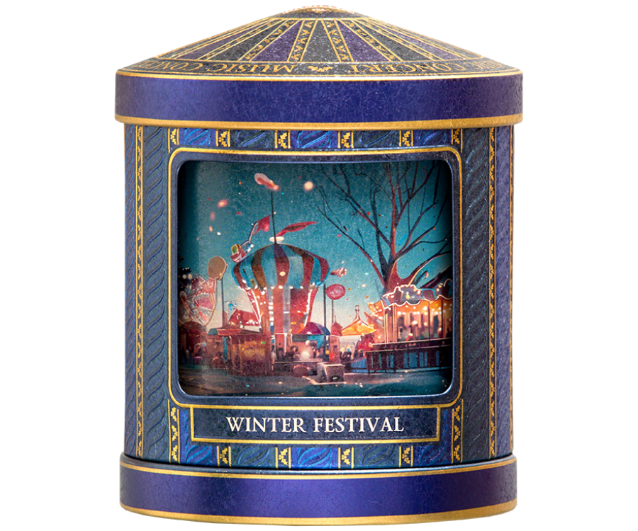 Basilur Winter Festival - listki czarnej herbaty cejlońskiej wzbogacone o nuty jeżyny i ananasa. Granatowa puszka ze świątecznym zdobieniem, która po nakręceniu gra melodię.