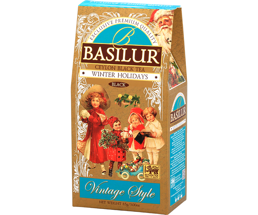 Basilur Winter Holidays - czarna herbata cejlońska z dodatkiem jabłka, krokoszu barwierskiego oraz aromatu imbiru i wanilii. Brązowe pudełko ze świątecznym motywem.