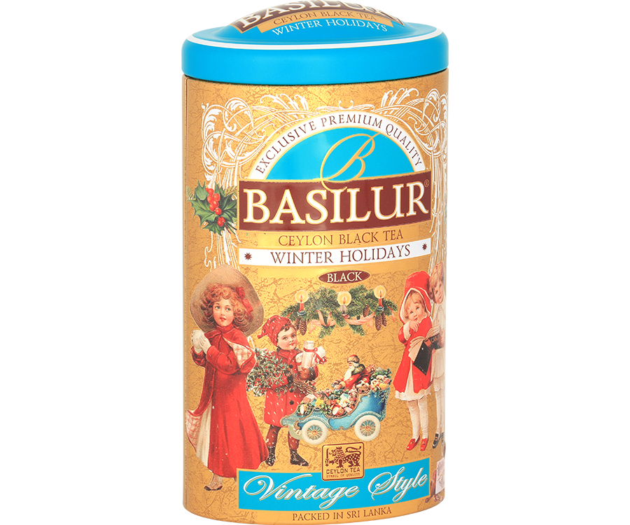 Basilur Winter Holidays - czarna herbata cejlońska z dodatkiem wiśni, skórki pomarańczy, kwiatów pomarańczy oraz aromatem truskawek i wanilii Ozdobna puszka ze świątecznym motywem.