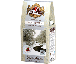 Basilur Winter Tea - czarna herbata cejlońska z dodatkiem owoców żurawiny oraz aromatu żurawiny. Szare pudełko z zimowym motywem.