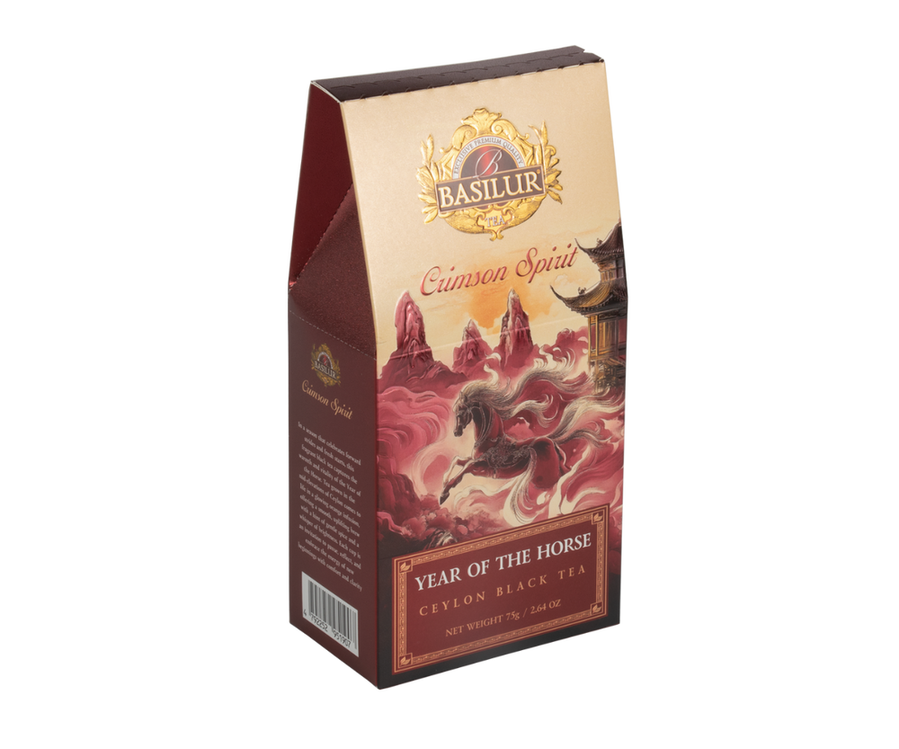 Herbaty Basilur Crimson Spirit w pudełku z motywem konia.