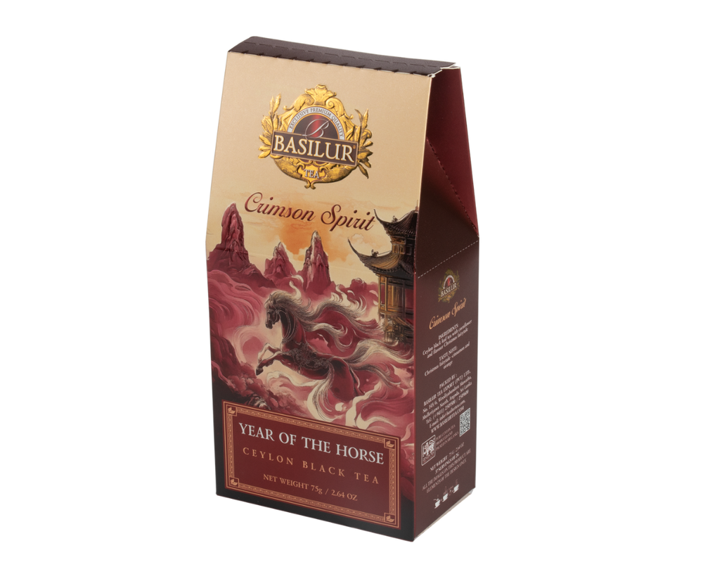 Herbaty Basilur Crimson Spirit w pudełku z motywem konia.