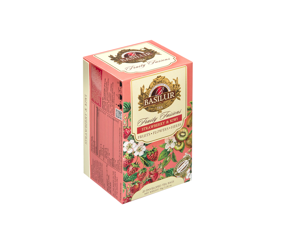 Opakowanie herbaty Basilur Fruity Fusions Strawberry & Kiwi w kartoniku, widok z boku.