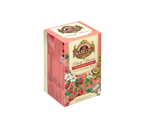 Opakowanie herbaty Basilur Fruity Fusions Strawberry & Kiwi w kartoniku, widok z boku.