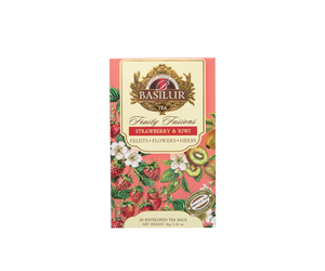 Przednia część pudełka herbaty Basilur Fruity Fusions Strawberry & Kiwi z ilustracją truskawek i kiwi.