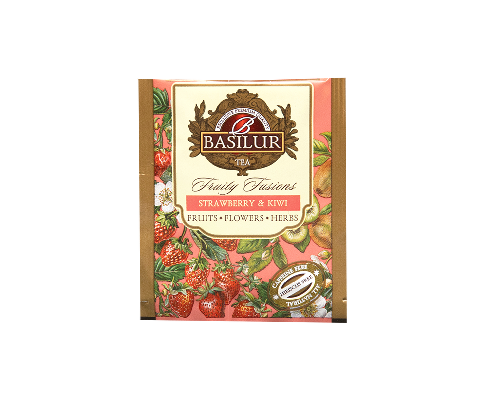 Saszetka herbaty Basilur Fruity Fusions o smaku truskawki i kiwi, bez kofeiny i hibiskusa.