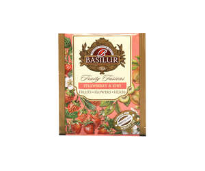 Saszetka herbaty Basilur Fruity Fusions o smaku truskawki i kiwi, bez kofeiny i hibiskusa.