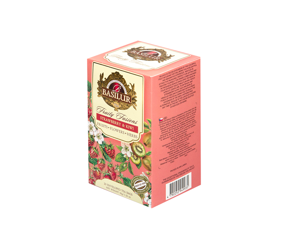Bok opakowania herbaty Basilur Fruity Fusions Strawberry & Kiwi z opisem i kodem kreskowym.