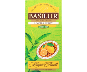 Przód opakowania herbaty Basilur Lemon & Honey Green Tea Magic Fruits 100 g.