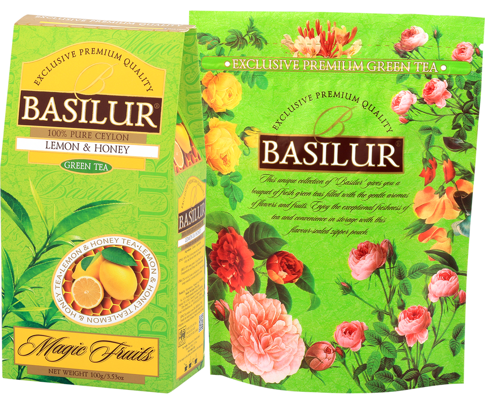 Opakowanie herbaty Basilur Magic Fruits Lemon & Honey Green Tea 100 g wraz z saszetką typu zipper.