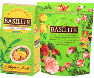 Opakowanie herbaty Basilur Magic Fruits Lemon & Honey Green Tea 100 g wraz z saszetką typu zipper.