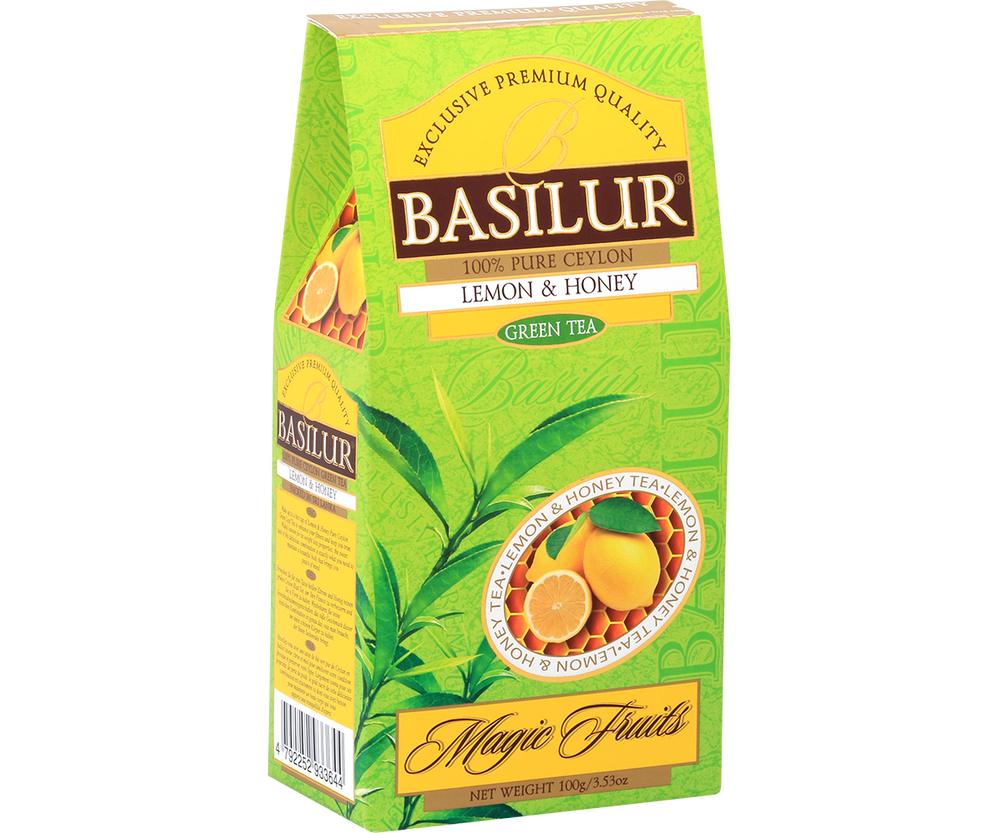 Opakowanie herbaty Basilur Lemon & Honey Green Tea – widok boczny.