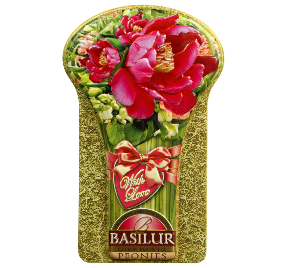 Basilur PEONIES - czarna herbata liściasta w puszce w kształcie pięknego bukietu.