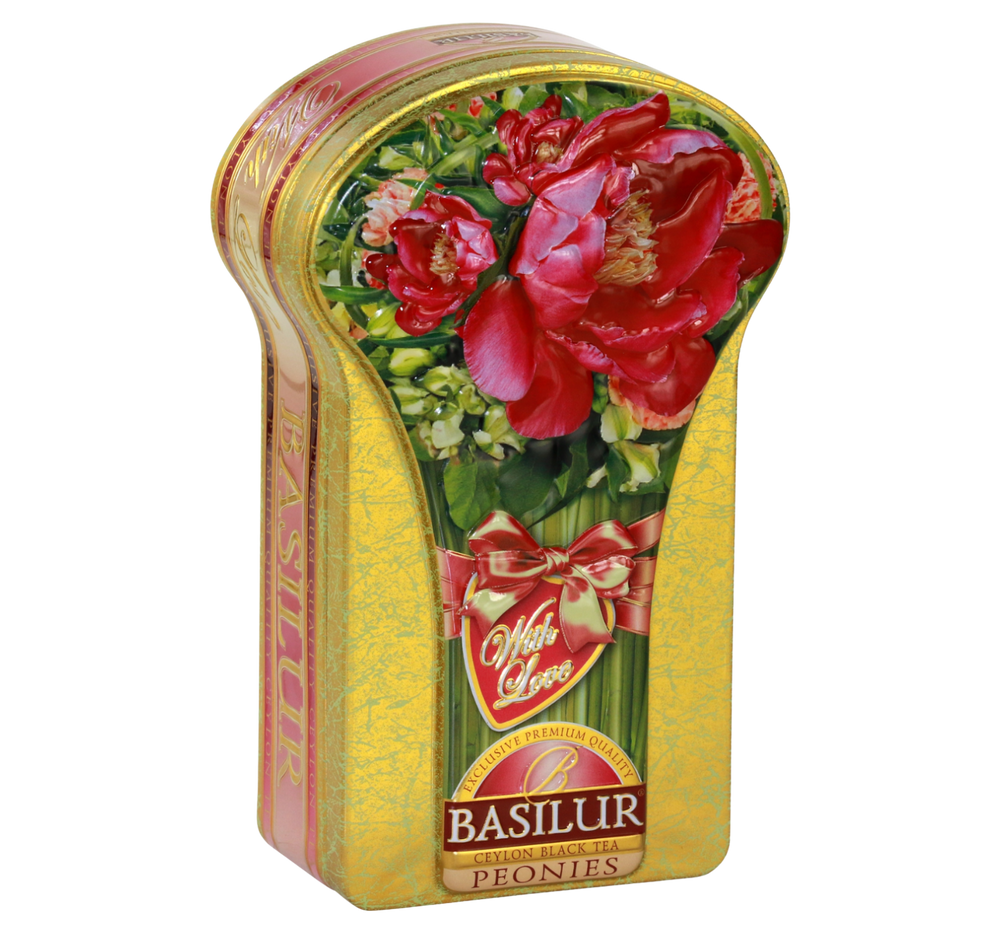 Basilur PEONIES - czarna herbata liściasta w puszce w kształcie pięknego bukietu.