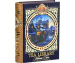 Eleganckie pudełko Basilur Tea Library II przedstawiające zimowy krajobraz z domkami.