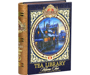 Eleganckie pudełko Basilur Tea Library II przedstawiające zimowy krajobraz z domkami.