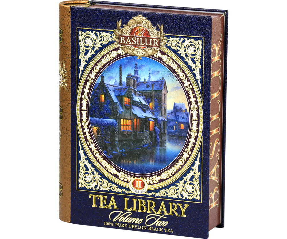 Opakowanie w formie książki Basilur Tea Library II z ilustracją zimowego pejzażu