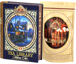 Ekskluzywne pudełko w formie książki Basilur Tea Library II z torebką czarnej herbaty Ceylon.