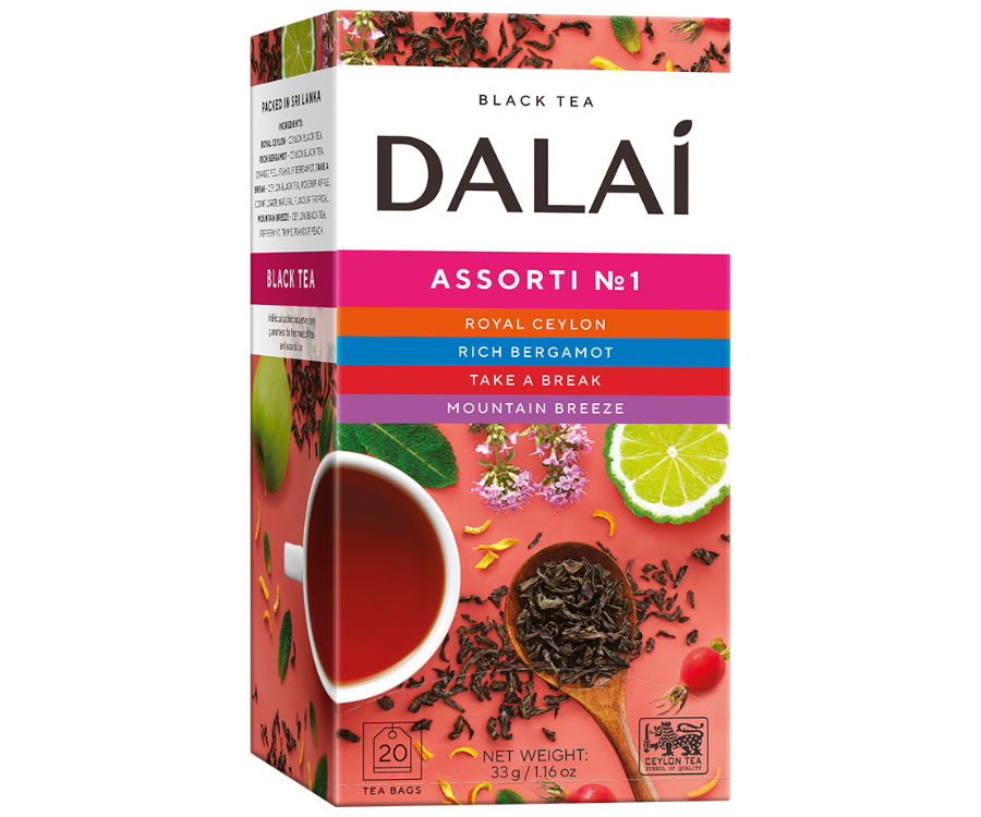 Dalai - Assorti No. 1 w kopertach - 20 szt. (10x 1,5g, 10x1,8g) w ozdobnym, kolorowym pudełku z owocowym motywem.