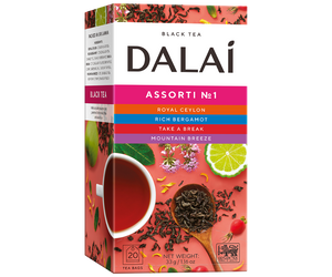 Dalai - Assorti No. 1 w kopertach - 20 szt. (10x 1,5g, 10x1,8g) w ozdobnym, kolorowym pudełku z owocowym motywem.