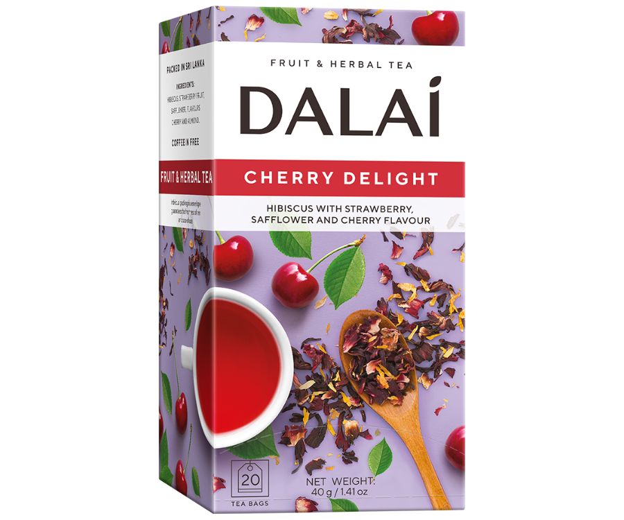 Dalai - Cherry Delight w kopertach - 20 x 2 g w fioletowym pudełku z motywem wiśni.