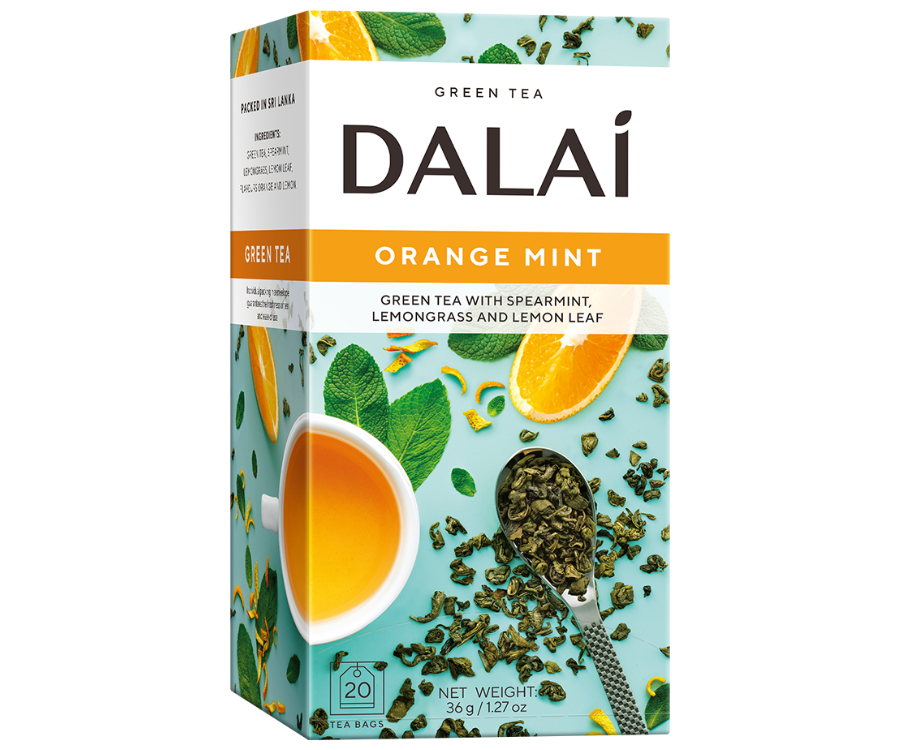 Dalai - Orange Mint w kopertach - 20 x 1,8 g w turkusowym pudełku z motywem pomarańczy.