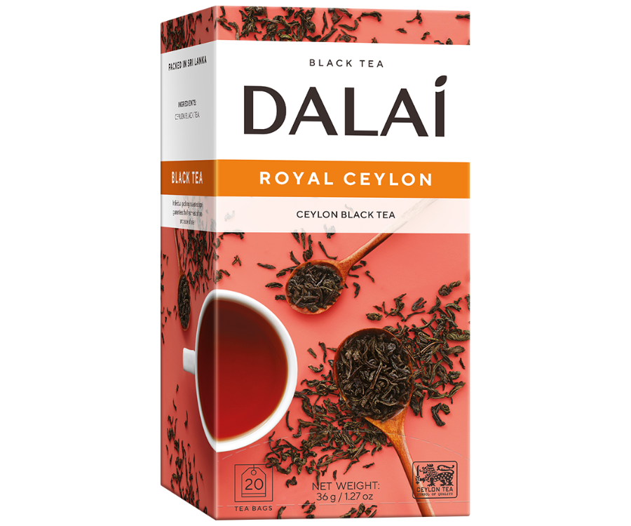 Dalai - Royal Ceylon w kopertach - 20 x 1,8 g w opakowaniu z grafiką filiżanki czarnej herbaty.