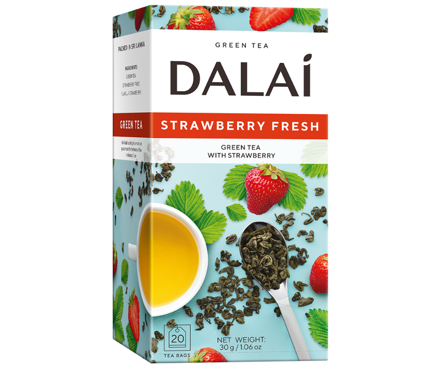 Dalai - Strawberry Fresh w kopertach - 20 x 1,8 g w turkusowym pudełku z motywem truskawek. 