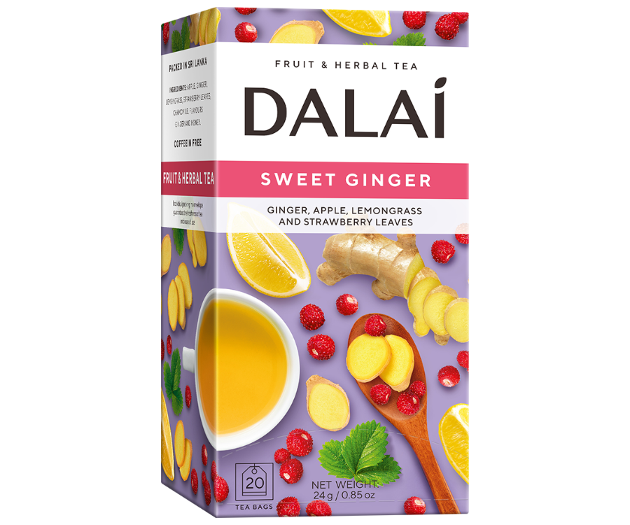 Dalai - Sweet Ginger w kopertach - 20 x 1,2 g w fioletowym opakowaniu z grafiką imbiru oraz cytryny.