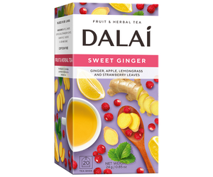 Dalai - Sweet Ginger w kopertach - 20 x 1,2 g w fioletowym opakowaniu z grafiką imbiru oraz cytryny.