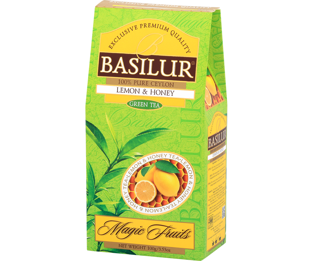 Opakowanie herbaty Basilur Magic Fruits Lemon & Honey Green Tea 100 g – widok pod kątem.