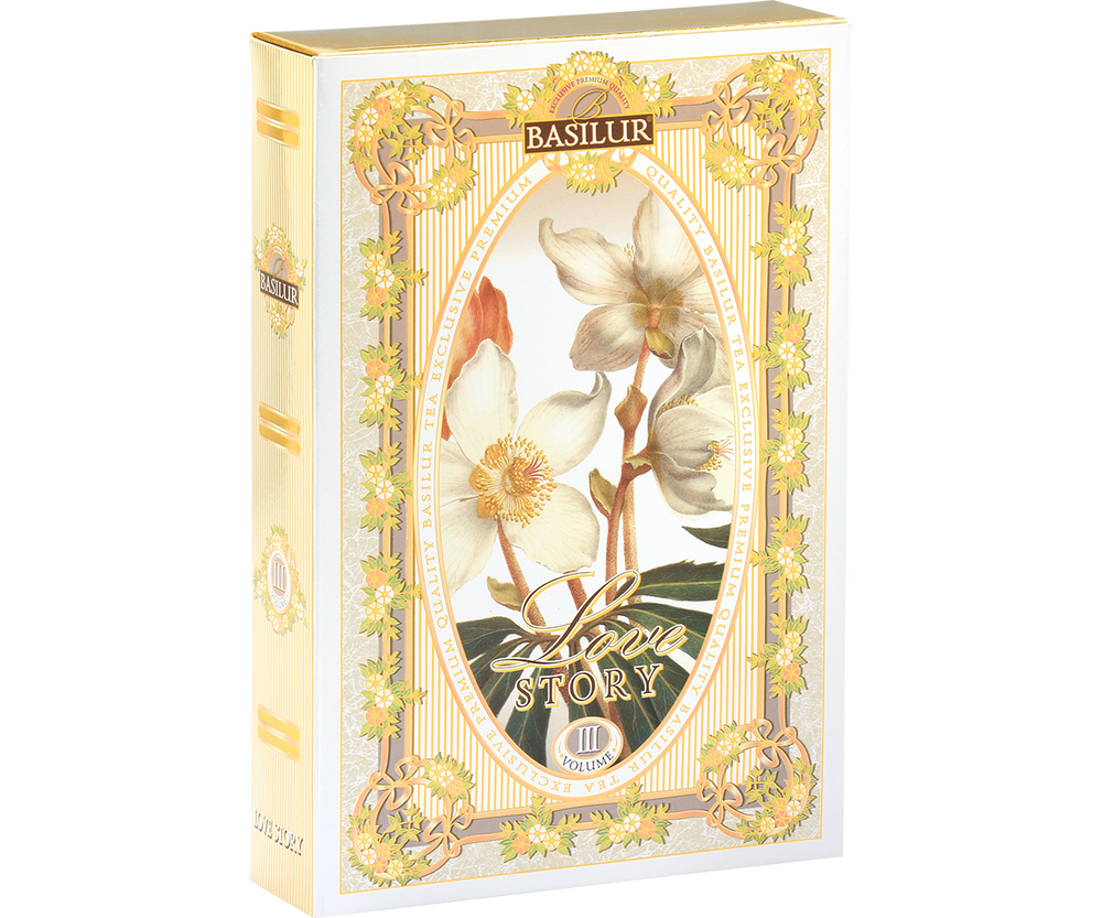 Bok pudełka herbaty Basilur Love Story III z widocznymi detalami złotych ornamentów.