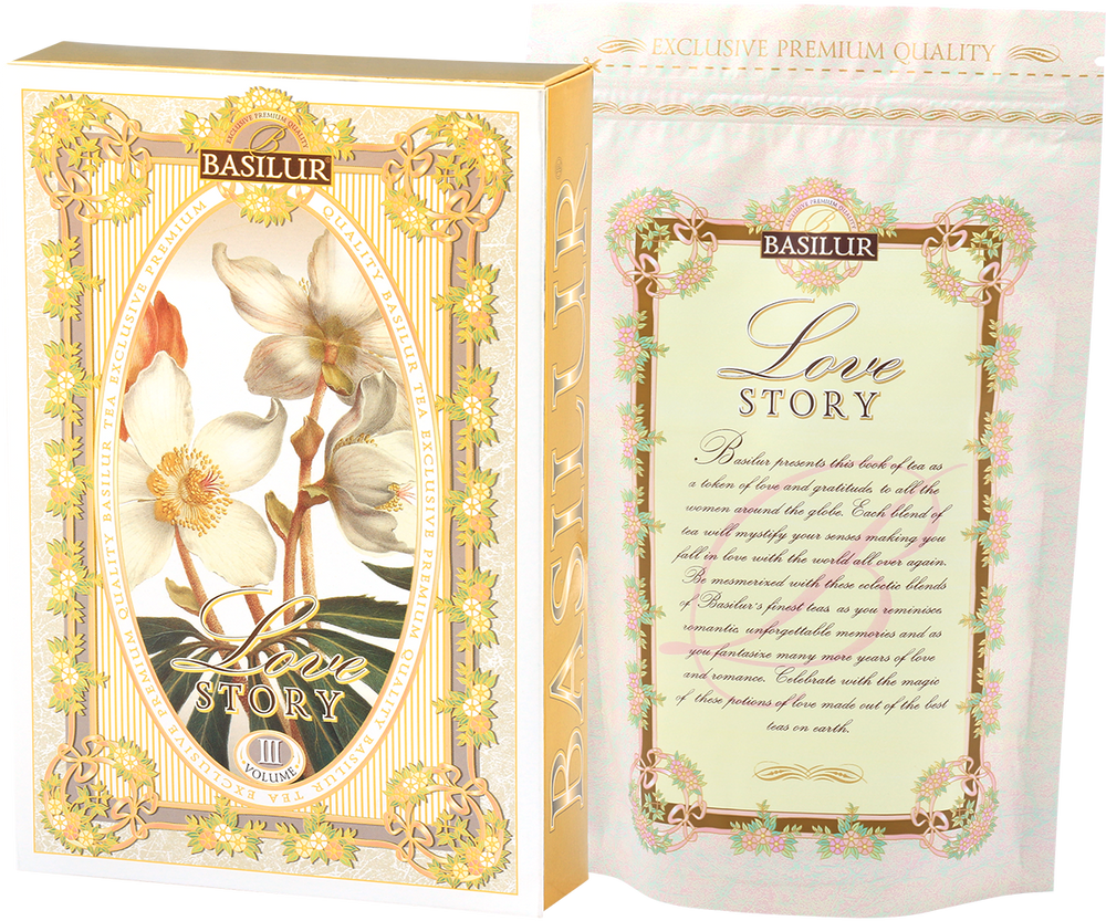 Otwarta książeczka-opakowanie Basilur Love Story III z opisem mieszanki i dekoracyjną grafiką kwiatową.