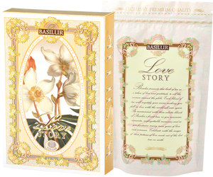 Otwarta książeczka-opakowanie Basilur Love Story III z opisem mieszanki i dekoracyjną grafiką kwiatową.