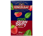 Kingsleaf Cool Strawberry – bezkofeinowa herbata z dodatkiem hibiskusa, mięty, dzikiej róży, liści truskawki, jabłka, stewii, truskawki oraz naturalnego aromatu truskawki. Ozdobne pudełko skrywa w swoim wnętrzu 20 torebek zapakowanych pojedynczo w koperty.