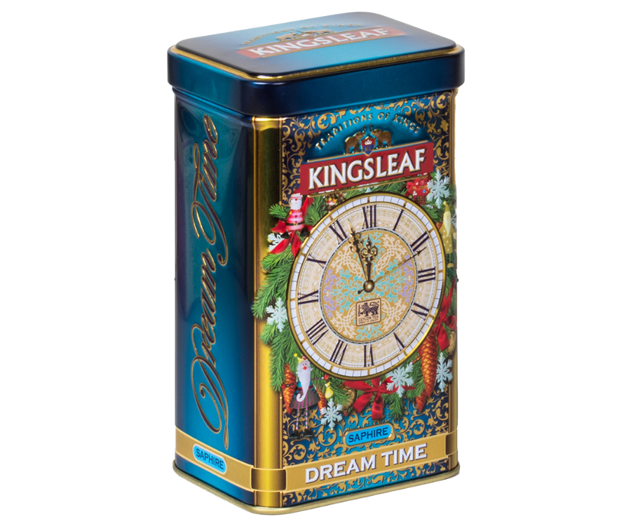 Kingsleaf Dream Time Saphire – czarna herbata cejlońska bez dodatków. Kompozycja została umieszczona w zdobionej motywem świątecznym puszce.