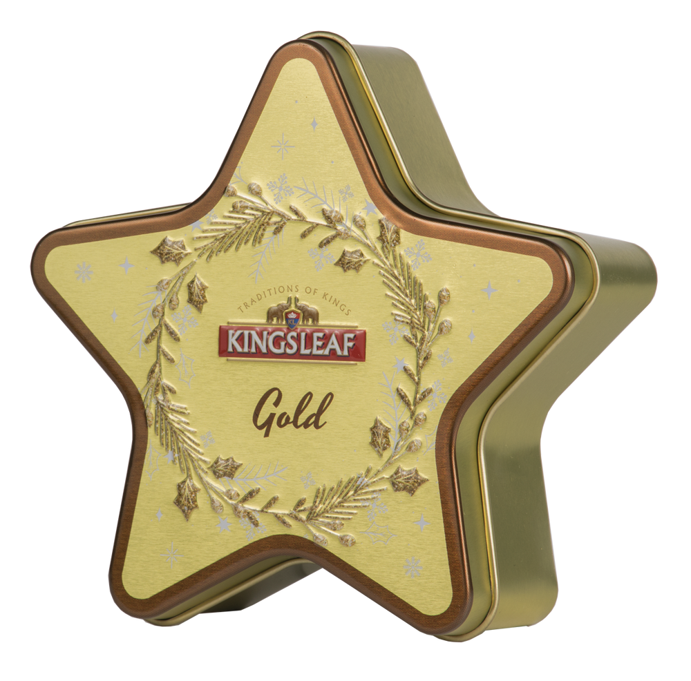 Herbata świąteczna Kingsleaf Starlight Gold w złotej puszce w kształcie gwiazdki