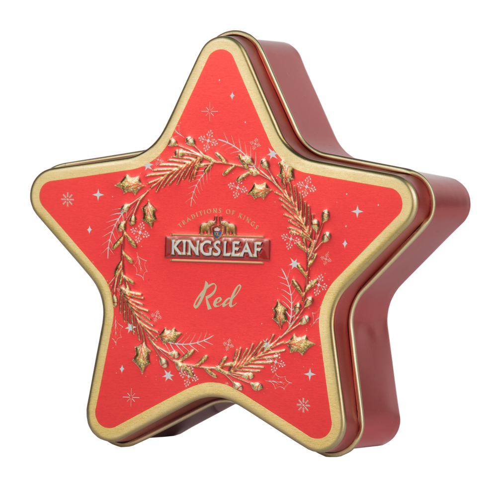 Herbata świąteczna Kinglseaf Starlight Red w czerwonej puszce w kształcie gwiazdki.