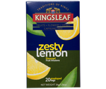 Kingsleaf Zesty Lemon – bezkofeinowa herbata z dodatkiem hibiskusa, jabłka, rumianku, cytryny, jeżyny, stewii, mięty pieprzowej oraz aromatu cytrynowego. Ozdobne pudełko skrywa w swoim wnętrzu 20 torebek zapakowanych pojedynczo w koperty.