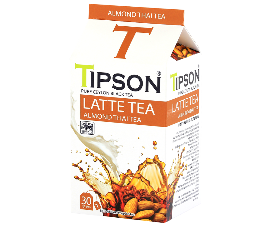 Tipson Almond Thai Tea – czarna herbata cejlońska z anyżem gwiaździstym, koprem włoskim oraz naturalnym aromatem migdałów, pomarańczy i wanilii. Saszetki herbaty w hermetycznie zamkniętej torebce zostały umieszczone w opakowaniu w kształcie kartonika mleka.