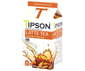 Tipson Almond Thai Tea – czarna herbata cejlońska z anyżem gwiaździstym, koprem włoskim oraz naturalnym aromatem migdałów, pomarańczy i wanilii. Saszetki herbaty w hermetycznie zamkniętej torebce zostały umieszczone w opakowaniu w kształcie kartonika mleka.