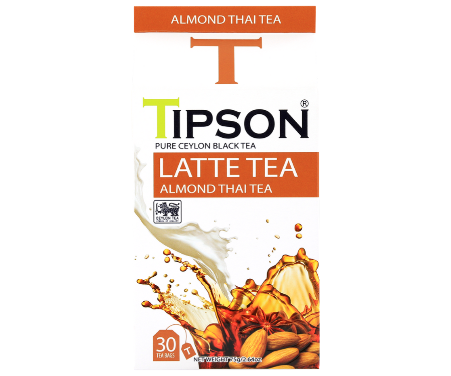 Tipson Almond Thai Tea – czarna herbata cejlońska z anyżem gwiaździstym, koprem włoskim oraz naturalnym aromatem migdałów, pomarańczy i wanilii. Saszetki herbaty w hermetycznie zamkniętej torebce zostały umieszczone w opakowaniu w kształcie kartonika mleka.