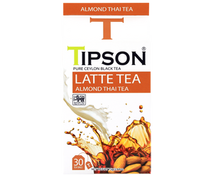 Tipson Almond Thai Tea – czarna herbata cejlońska z anyżem gwiaździstym, koprem włoskim oraz naturalnym aromatem migdałów, pomarańczy i wanilii. Saszetki herbaty w hermetycznie zamkniętej torebce zostały umieszczone w opakowaniu w kształcie kartonika mleka.