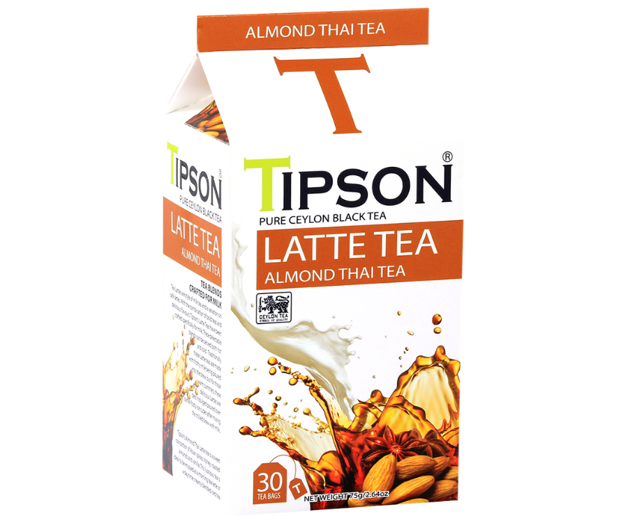 Tipson Almond Thai Tea – czarna herbata cejlońska z anyżem gwiaździstym, koprem włoskim oraz naturalnym aromatem migdałów, pomarańczy i wanilii. Saszetki herbaty w hermetycznie zamkniętej torebce zostały umieszczone w opakowaniu w kształcie kartonika mleka.