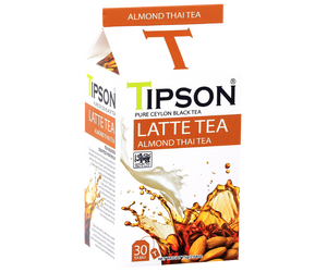 Tipson Almond Thai Tea – czarna herbata cejlońska z anyżem gwiaździstym, koprem włoskim oraz naturalnym aromatem migdałów, pomarańczy i wanilii. Saszetki herbaty w hermetycznie zamkniętej torebce zostały umieszczone w opakowaniu w kształcie kartonika mleka.