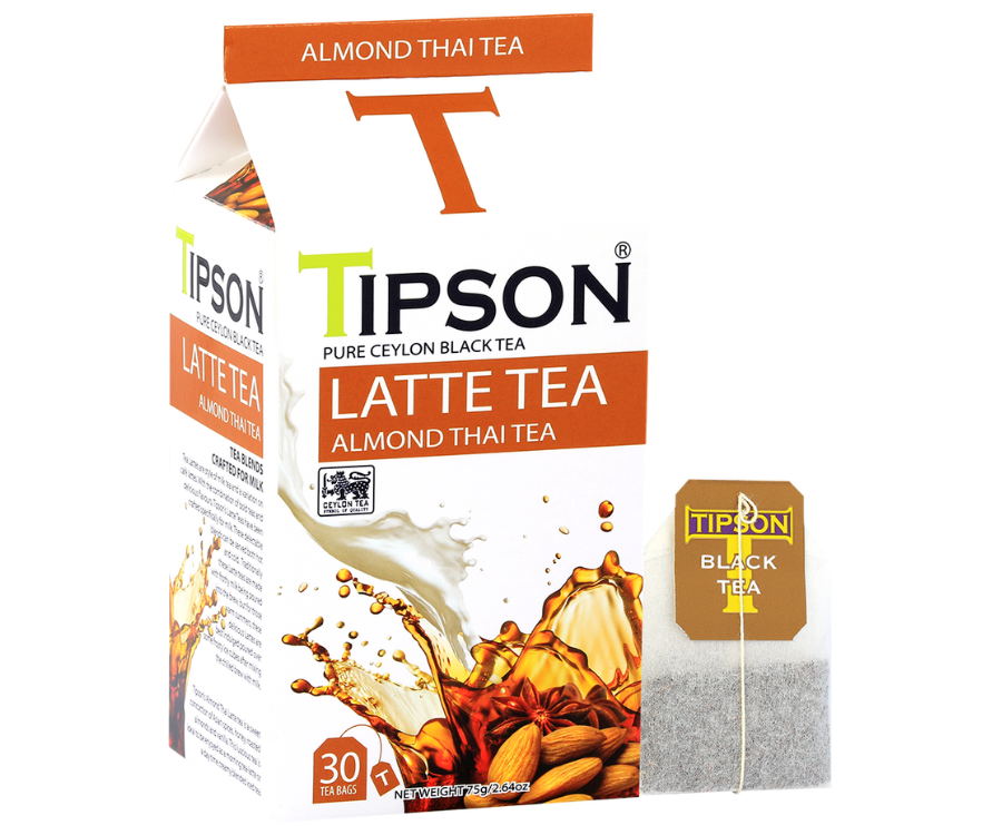 Tipson Almond Thai Tea – czarna herbata cejlońska z anyżem gwiaździstym, koprem włoskim oraz naturalnym aromatem migdałów, pomarańczy i wanilii. Saszetki herbaty w hermetycznie zamkniętej torebce zostały umieszczone w opakowaniu w kształcie kartonika mleka.