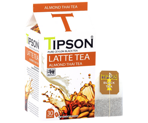 Tipson Almond Thai Tea – czarna herbata cejlońska z anyżem gwiaździstym, koprem włoskim oraz naturalnym aromatem migdałów, pomarańczy i wanilii. Saszetki herbaty w hermetycznie zamkniętej torebce zostały umieszczone w opakowaniu w kształcie kartonika mleka.