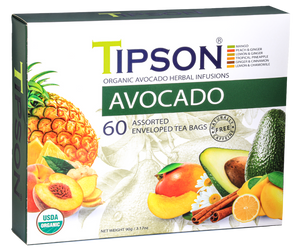 Tipson Avocado Assorted – zestaw herbat z kolekcji organicznych naparów. 6 smaków w kopertowanych saszetkach zapakowanych w ozdobną herbaciarkę z motywem owoców, cytrusów, kwiatów i przypraw.