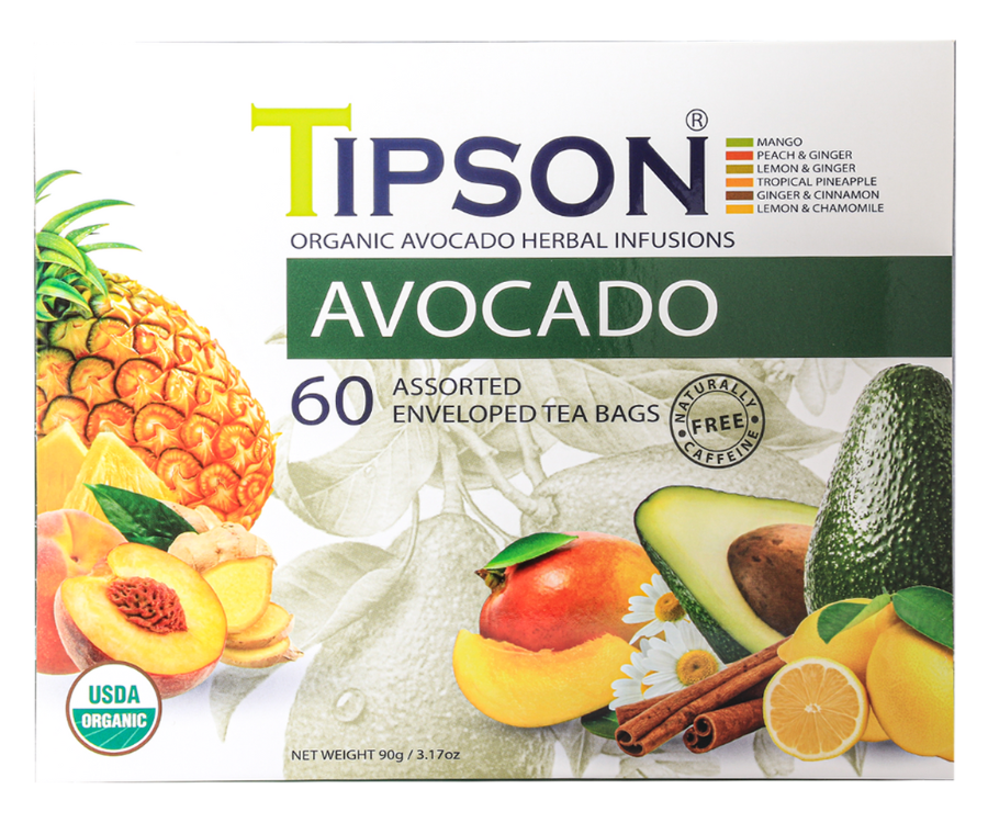 Tipson Avocado Assorted – zestaw herbat z kolekcji organicznych naparów. 6 smaków w kopertowanych saszetkach zapakowanych w ozdobną herbaciarkę z motywem owoców, cytrusów, kwiatów i przypraw.